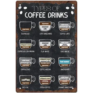 SUPERDANT Kaffee Blechschilder Menü Sorten von Coffee Blechschild Retro Kunst Eisen Rustikale Metallschild Coffee Metallschilder Für Kaffee Bar Schild Getränke Retro Metall Poster Wohnzimmer