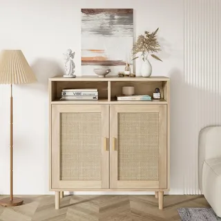 GarveeHome Sideboard-Buffet Aus Rattan, Boho-Aufbewahrungsschrank Mit Regalen, Landhaus-Credenza/Kaffeebar-Schrank Mit 2 Türen Und 2 Staufächern Für Wohnzimmer, Flur Und Küche
