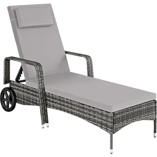 tectake Sonnenliege Rattan mit Rollen  Grau/Hellgrau