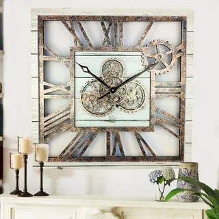 The Gears Clock Wanduhr Mit Echten Beweglichen Zahnraedern - America Collection - 24" Quadratisch - White - Farmhouse