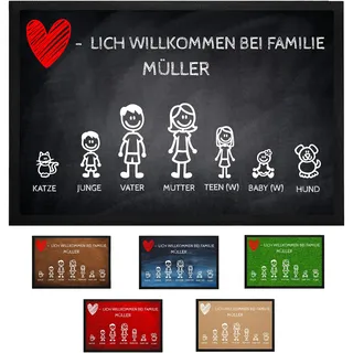 Fußmatte personalisiert - Türmatte für Familie mit Hund, 50 x 75 cm | Mit Wunschnamen und Familienfiguren, Hund und Katze wählbar - rutschfest, waschbar bei 30 Grad ohne Weichspüler