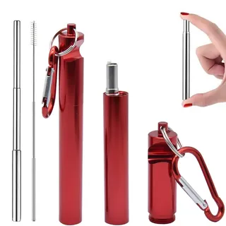 Hoshen 2er-Pack wiederverwendbare Edelstahl-Trinkhalme, 3-Segment-Teleskop-Metall-Trinkhalme mit Korkenzieher-Funktion, inklusive Bürste und Karabiner (Gehäuse aus verdicktem Aluminiumlegierung) – rot