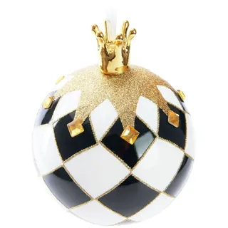 Brubaker Premium Weihnachtskugel Schach König - 10 cm Baumkugel aus Glas mit Schachbrett Muster - Weihnachtsbaumkugel mit Porzellan Figur Krone Gold - Handbemalte Christbaumkugel