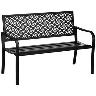 Outsunny Gartenbank Stahl, 2-Sitzer Parkbank mit Rückenlehne & Armlehne, Sitzbank mit Blumenmuster, für Garten, max. 240 kg, Schwarz,