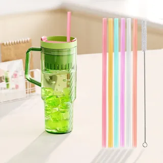 Figarge 6 Stück Silikon Strohhalme Wiederverwendbares Smoothie Strohhalme bunte Strohhalme für Bubble & Boba Tee, Milchshakes - 8 mm X 9.25", Plastikstrohhalme mit Reinigungsbürsten