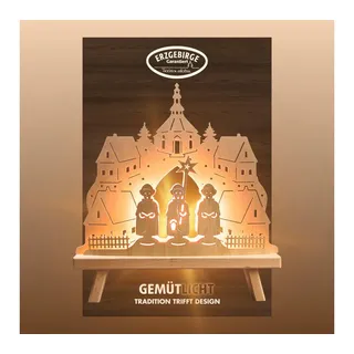 Weigla Lichterbogen Dekoleuchte aus Holz mit Seiffener Kirche, NATUR, Made in Germany (1-tlg), Erzgebirge garantiert, Weihnachtsdeko Innen, Weihnachtsbeleuchtung beige