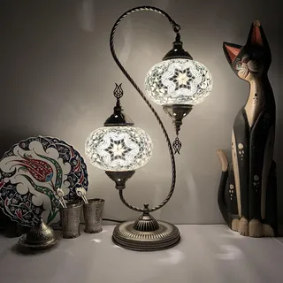 GDLight Türkische Mosaik-Tischlampen mit Schwanenhals und 2 Lichtern, Marokkanische Klassische Tischlampen mit Doppelkopf Handgefertigte Nachtlichter aus Glas für Schlafzimmer, Kinderzimmer, Café,F