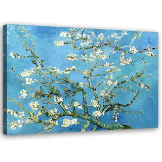 Feeby Vlies Leinwandbild Reproduktion Blühender Mandelbaum Vincent Van Gogh 90x60 cm Druckbild Wandbild Wanddekoration Deko Wand Aesthetic Pflanzen Natur Blumen Blau