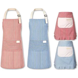 KARIDER 4 Stück Kochschürze Damen, Gestreifte Verstellbare Küchenschürze mit Nackenband, Küchenschürze mit Taschen und Kittelschürze Baumwolle-Leinen-Mix für Kochen Backen Garten Malen