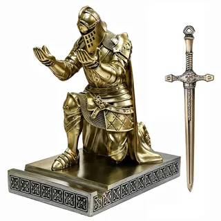 HDMbigmi King's Guard Leader Cloak Warrior Knight Stifthalter Handyständer, Ornament Ritter Statue, Stifthalter Briefbeschwerer mit einem Metallschwert Brieföffner für Büro und Zuhause (Bronze)
