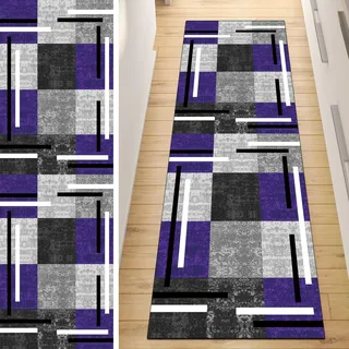 QQrunner Läufer Flur Küche Teppich rutschfest Grau Lila 60x100CM Lang Kücheläufer Waschbar Meterware Abstrakt Teppichmatten Korridor Polyester Wohnzimmer Schlafzimmer