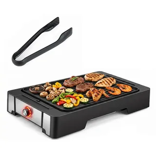 GIANTEX Tischgrill 2300W, Elektrogrill mit 2 Grillflächen 53 x 31 cm | Balkongrill antihaftbeschichtet mit Fettauffangschale & Grillzange, BBQ Grill für Party & Camping, Schwarz