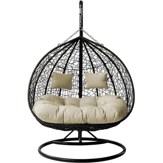 Mirjan24 Hängesessel Torn mit Polster und Kissen, 2-Sitzer Polyrattan Hängesessel mit Gestell, Outdoor Hängestuhl für Zwei Personen, Hängekorb, Zweisitzer (Schwarz/Cremefarbig.)
