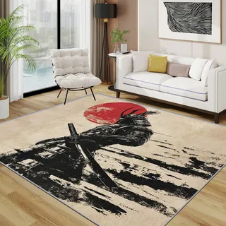 Generisch Japanisch Teppich 140x200 cm, Japan Samurai Traditioneller Teppich Wohnzimmer, Rote Sonne Krieger Kurzflor rutschfest Pflegeleicht Teppiche Für Jugendzimmer Schlafzimmer, Schwarz Rot Beige