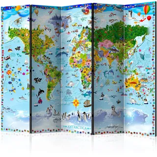 murando - Paravent Raumteiler Innen Weltkarte für Kinder 225x172 cm einseitig auf Vlies-Leinwand Bedruckt Trennwand Spanische Wand Sichtschutz Raumtrenner Home Office Kinderzimmer e-A-0102-z-c