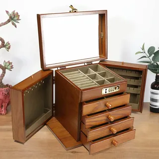 Schmuckkasten Antikbraun mit Zahlenschloss - 5-Etagen 4 Schubladen Holz-Organizer für Halsketten & Ringe - Vintage Aufbewahrung für Schmuckkommode 27.5 x 19.1 x 22.9cm
