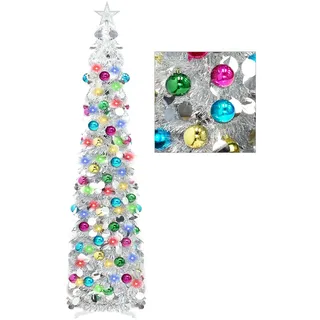 Künstlicher Weihnachtsbaum, zusammenklappbar, 152 cm, mit 100 Farblichtern, heller künstlicher Lametta-Bleistiftbaum mit Kugelstern für Innen- und Außenbereich, Weihnachtsdekoration