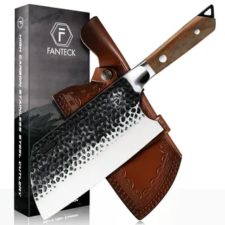 FANTECK Handgemacht Geschmiedet Küchenmesser Hackmesser 20cm Chinesisches Kochmesser Forged Stahl Hackbeil Messer Serbisch Metzgermesser Scharfe Hack Messer mit Full Tang Holzriff und Lederscheide