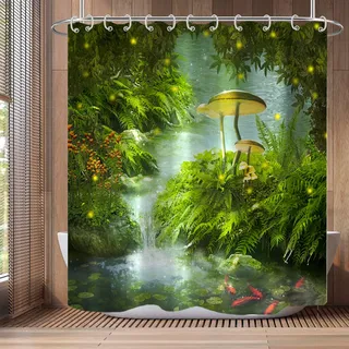 Bovlleetd Fantastischer Wald Duschvorhang 152x183cm Natürliche Landschaft Grüne Pflanzen Lotusblatt Stein Pilz Wasserdicht, Waschbar Polyester Badevorhänge mit 10 Haken für Badezimmer, Badewanne