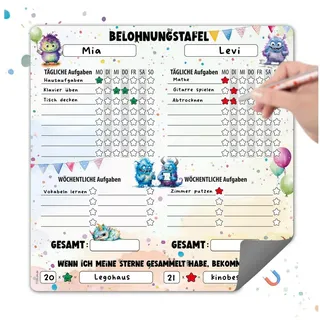TOBJA Magnettafel Magnetische Belohnungstafel XL 2 Kinder Monster, Routine Planer Kinder 30x30 cm, abwischbar bunt|weiß