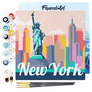 Figured'Art Mini Malen Nach Zahlen Erwachsene Mit Rahmen 20x20cm Kleines Format - Reiseplakat Freiheitsstatur New York - Paint by Numbers Basteln DIY Bastelset Leinwand gespannt auf Holzrahmen