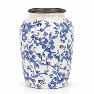Keramikvase im Vintage-Stil, blau-weiße Blumenvase für Deko im Landhausstil | Tischvase als Tischdeko für den Esstisch und blaue Deko fürs Wohnzimmer; für Trockenblumen, Kunstblumen und dekorative Zweige