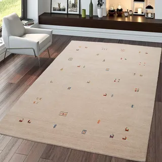 TT Home Wohnzimmerteppich Beige Wolle Gabbeh Handgewebt Ethno Design Robust Weich, Größe:80x150 cm