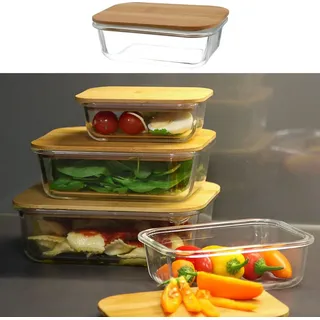 Vorratsbehälter eckig mit Bambusdeckel 600ml 17,5x6x12,5cm Borosilikatglas Bambus Frischhaltebox Vorratsdose Vesperdose Lebensmittelbehälter - Beige/Transparent