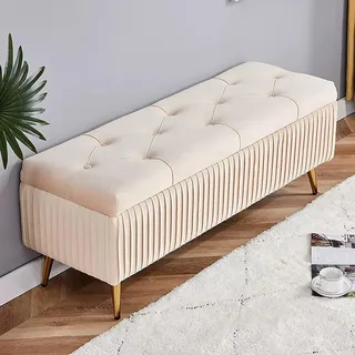 Moderne Samt Stauraum Sitzbank Sitz,Polsterte Fußstütze Ottomane mit goldenen Metallbeinen,Sitzbank Mit Stauraum,Ende der Bettbank Eingangsbank für Wohnzimmer Schlafzimmer (Beige, 80*40*45cm)