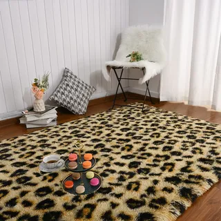 Amearea Flauschiger Leoparden-Teppich, hochwertiger Geparden-Druck, weicher, bequemer Kunstfell-Tierteppich für Kinderzimmer, Schlafzimmer, Wohnzimmer, zotteliges Jugendzimmer, Heimdekoration, Khaki