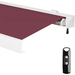 paramondo Markise Kassettenmarkise Line Gelenkarmmarkise Balkon Terrasse Sichtschutz, mit jarolift Funkmotor, Vollständig zusammengebaut, 4,5 x 3 m, Gestell: Weiß, Stoff: Uni, Weinrot