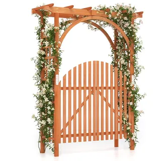 HOMASIS Gartenbogen mit Tür, Holz Rosenbogen für Rosen & Kletterpflanzen, Rankhilfe für Hochzeit Garten Partys, Rankgitter Spalier Torbogen Rosengitter Pflanzenstütze mit Dach (Orange, 161x60x215,5cm)