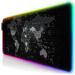 TITANWOLF - RGB Gaming Mauspad - LED Schreibtischunterlage - 800x300 mm - XXL Mousepad - Multi Color - 11 Beleuchtungs-Modi - 7 LED Farben Plus 4 Effektmodi - abwaschbar - Weltkarte