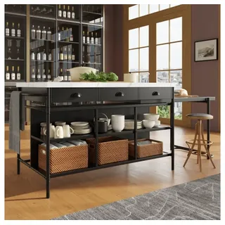 XDOVET Kücheninsel Kücheninseln, Ausziehbare Industrial mit 3-Schubladen, Kücheninsel, Küchenregal Küchewagen Sideboard, Arbeitsplatte Küche Regal schwarz