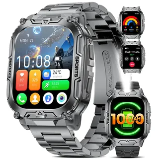 Smartwatch Herren Militär mit 1000mAh Akku/Telefonfunktion, 2.01" HD-Großes Display Fitnessuhr mit Herzfrequenz/Schlafmonitor/200+ Sportmodi, IP68 Wasserdicht Sportuhr für Android iOS, 2 Armbänders