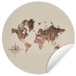 MuchoWow Wandsticker Weltkarte - Holz - Kompass (1 St), Runde Aufkleber für Kinderzimmer, Selbstklebend, 120x120 cm bunt 120 cm x 120 cm x 0.1 cm