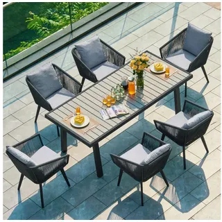 Rainsworth Gartenlounge-Set Rattan, Bestehend aus 6 Sesseln und 1 Tisch mit 6 Kissen und 6 Sitzkissen grau