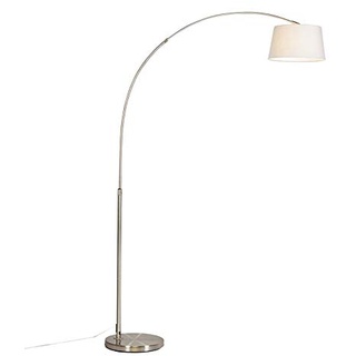 Qazqa - Moderne Bogenlampe aus Stahl I Silber I nickel matt mit weißem Stoffschirm - Arc Basic I Wohnzimmer - Stahl Rund - LED geeignet E27