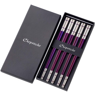 SBOMHS Chinesische Essstäbchen Lila edelstahl 5 Paar Sushi Stäbchen für Japanisch Koreanisch Chopsticks Metall 23,4cm Länge rutschfest Essstäbchen spülmaschinenfest Geschenk für weihnachten/geburtstag