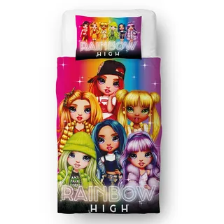 Rainbow High Offizielles Lizenzprodukt für Einzelbett, wendbar, 2-seitig, leuchtendes Regenbogen-Design mit passendem Kissenbezug, weiches und strapazierfähiges Polyester-Baumwollmischgewebe