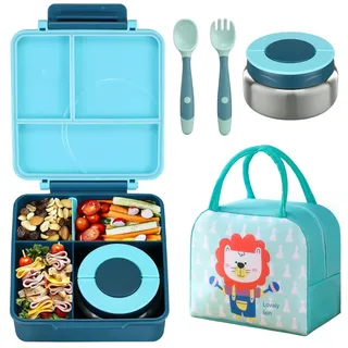 RETZLA Bento-Lunchbox-Set für Kinder mit 237 ml Suppen-Thermo, auslaufsichere Lunch-Behälter mit 4 Fächern, Kinder-Thermo-Behälter für heiße Speisen und isolierte Lunchtasche für die Schule, Blau