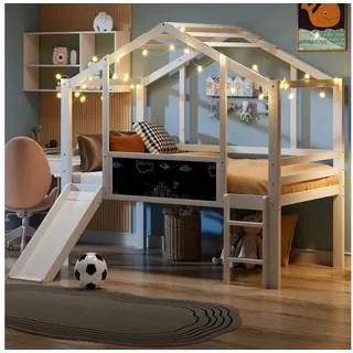 STILVORA Kinderbett 90x200 mit Matratze&Tafel,Holzbett Hochbett mit Dach&Geländer (mit Rutsche & Leiter, Massivholzbett im Hausstil, Kreativ-Tafel, 90×200 cm), ohne Matratze weiß