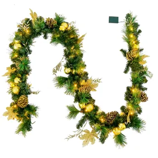 GOPLUS Weihnachtsgirlande mit Beleuchtung, 270cm Tannengirlande mit 50 LED-Lichtern, Kiefernnadeln, Tannenzapfen, goldenen Kugeln, Blättern & Beeren, Weihnachtsdeko für Treppen, Tür & Kamin