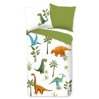 good morning Bettwäsche Kinder Bettwäsche JURASSIC PARK zum Wenden 100% Baumwolle 135x200 cm, Renforce, 2 teilig, Dinosaurier Bettwäsche-Set zum Wenden grün hautfreundlich grün