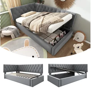 Bett Mit Stauraum Samt Grau 90x190 Cm, Tagesbett Mit Lattenrost Und Hydraulischem Bettkasten