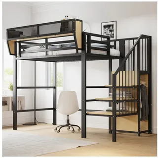 HAUSS SPOLE Hochbett 90x200 mit Sicherheitsleiter, flexiblem Staufach, Metallbett Schwarz (mit sicherer Leiter & Stauraum 90x200 cm, robustes Etagenbett für Jugendliche & Erwachsene) ohne Matratze schwarz