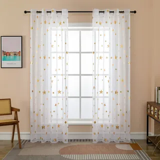GIRASOLE HOME® Paar Voile Filtervorhänge Muster goldene Sterne Vorhang Weiß für Innenraum mit Ösen 2 Paneelen (Sterne Gold, 140 x 235 cm)