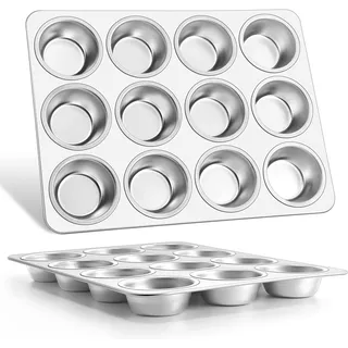 E-far Muffinform für 12 Tassen, 2er-Set, Edelstahl, Cupcake-Form, Metall, Muffin-Backformen für den Ofen, normale Größe & leicht zu reinigen, ungiftig und spülmaschinenfest