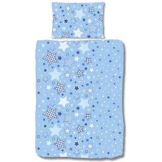 Kinderbettwäsche Sterne 100x135 + 40x60 cm, 100 % Baumwolle, MTOnlinehandel, Biber, 2 teilig, Babybettwäsche mit vielen Sternen und Sternchen in blau & himmelblau blau