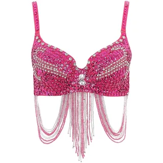 HKYBCF Strass Frauen Korsett Bauchtanz-Top for Damen, glänzendes Korsett, Bauchfreies Top mit Fransen, Strass-Pailletten, Club-BH, Spaghettiträger, Bügel, Push-Up-Bustier-Tops(Pink01)